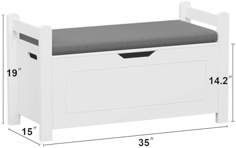 Storage Chest, Storage Bench with Cushion Seat, Toy Chest, Wooden Toy Box with 2 Safety Hinges, Shoe Bench, for Entryway, Living Room, Bedroom, White - Image 2