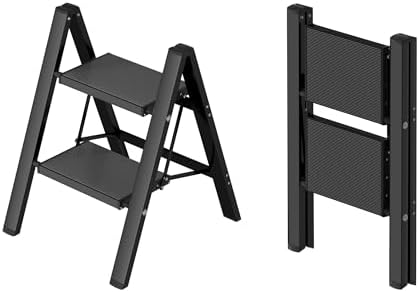 Taranta 2 Step Stool Foldable,Aluminum Step Ladder-BlackWoodgrain by TARANTA