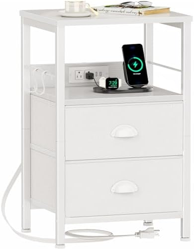 Furologee Night Stand with Charging Station, 2 Fabric Drawers, White by Furologee
