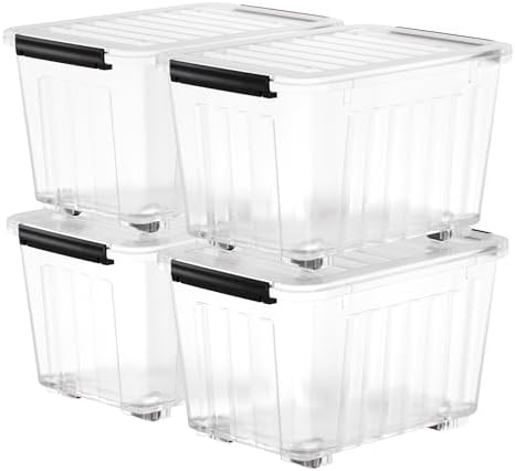 Nazhura 97 Quart Plastic Storage Bin, Stackable and Nestable Storage Boxes with Lids and Secure Latching Buckles, Large Storage Container (Clear, 97Quart-4Pack) by NazhuraGoodCompanionAtHome