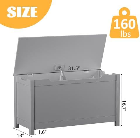 Kids Toy Box Chest, Large Wooden Storage Trunk Bench with Safety Hinged Lid for Ages 3+, Grey - Image 2