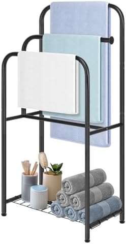 Towel Racks for Bathroom, 35" H Standing Towel Holder 3 Tier Metal Pool Towel Hanger Outdoor Floor with Storage Shelves for Blanket Bath Towel Drying (Matte Black) by HOME