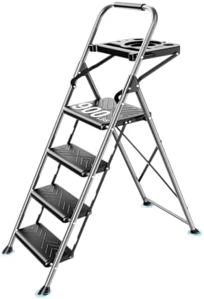 4 Step Ladder, Folding Step Stool with Tool Platform, Wide Anti-Slip Pedal and Anti-Slip Feet, Sturdiest Steel Construction, 900lbs Capacity Steel Ladder, Installation Free, Grey by DIAMONDFORGE