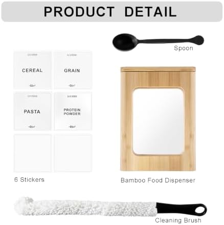 Bamboo Kitchen Cereal Containers Storage Dispenser, Airtight Pantry Organizers with Lid, Kitchen Home Organization for Cereal, Rice, Flour, Snack, Candy Storage with Spoon Sponge Cleaning Brush - Image 3