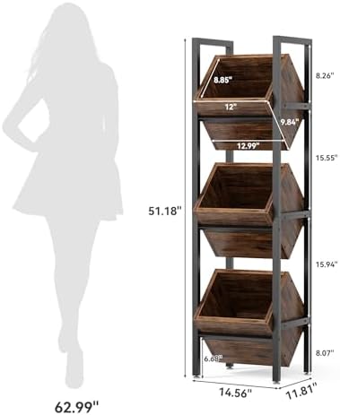 LITTLE TREE 3-Tier Basket Stand, Wooden Floor Stand Shelving Unit, Standing Organizer Storage Rack for Kitchen, Bathroom, Living Room (Rustic Brown, 2) - Image 3