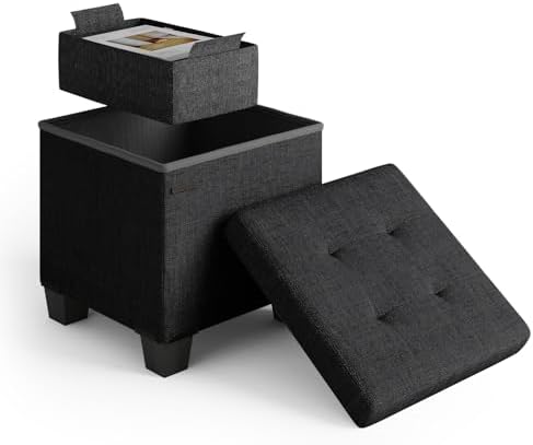 Storage Ottoman Cube with Small Bin, 15-in Square Ottoman with Storage for Living Room and Bedroom, Small Ottomans Foot Rest, Fabric Foot Stools Ottomans Max 330lbs, Black by STORAGEBUD