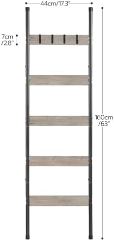 HOOBRO Blanket Ladder, 5-Tier Towel Rack with Hooks, Wall-Leaning Blanket Rack, Decorative Display Ladder Shelf, Scarves, Industrial, Living Room, Bedroom, Greige and Black BG52CJ01 - Image 3