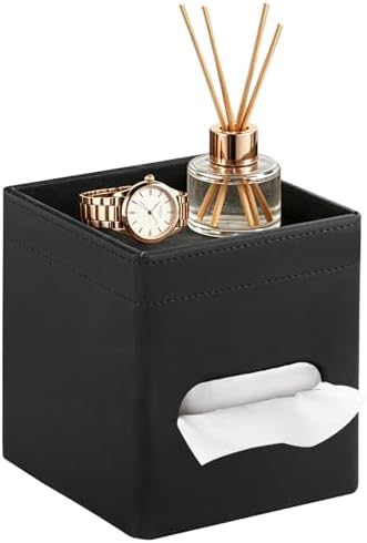 PUSU Square PU Leather Tissue Box Cover with Top Storage Tray Modern Decor by PUSU