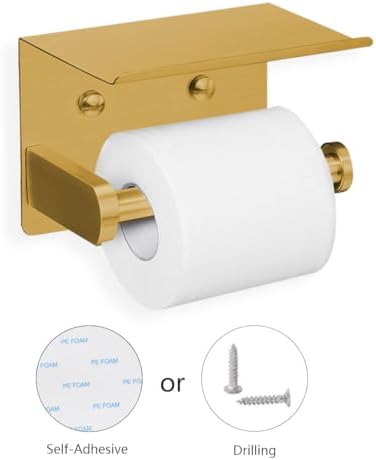 VAEHOLD Self Adhesive Toilet Paper Holder with Phone Shelf Stainless Steel Wall Mounted Toilet Paper Roll Holder - Rustproof and Bathroom Washroom Tissue Roll Holder with Storage Shelf - Gold - Image 3