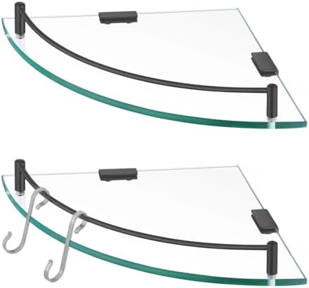 KES Bathroom Glass Corner Shelf Tempered Glass Shelf with Rail Wall Mount Corner Shelf SUS 304 Stainless Steel Matte Black 2 Pack, BGS2101A-BK-P2 by KES