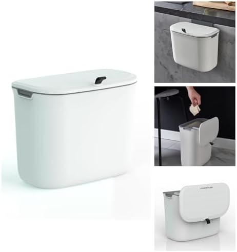 Ninestars 1.3 Gallon Kitchen Compost Bin, Cabinet Door Trash Can, White Plasitc Small Garbage Can withLid, 5 Liters Hanging Trash Can for Kitchen, Bathroom, Bedroom, RV (White) by NINESTARS