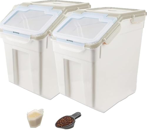 50LB Large Flour Storage Container Bin,2 Pack Airtight Plastic with Wheels Seal Locking Lid Dispenser Organizer Bin with Measuring Cup & Scoop for Flour, Rice, Grain 100LBS Total Capacity(Grey) by YXQ