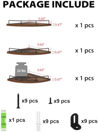 HORLIMER 3 Pack Floating Corner Shelf Wall Mount with Fence, Brown - Image 3