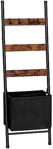 HOOBRO Blanket Ladder with Basket, 17.3”L x 63.4”H, Towel Rack with Hooks, Blanket Holder Rack, Decorative Ladder Shelf, Drying and Display Rack for Bathroom, Living Room, Rustic Brown BF31CJ01 by HOOBRO