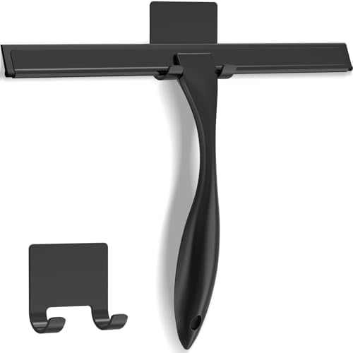 All-Purpose Stainless Steel Shower Squeegee for Shower Glass Door with Adhesive Hook, Bathroom Cleaner Tool Household Window Mirror Squeegee for Glass Doors, Cleaning Tile Wall, Car, 10 inch, Black by DOCROK