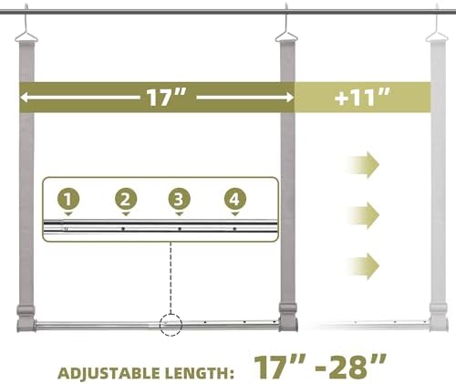 Hanging Closet Rod, 17-28In Width and Up to 32In Height Closet Extender, Double Hanging Bar with Powder-Coated Metal Pole and Adjustable Webbing, Space-Saving Tension Organizer, 1 Pack - Image 3