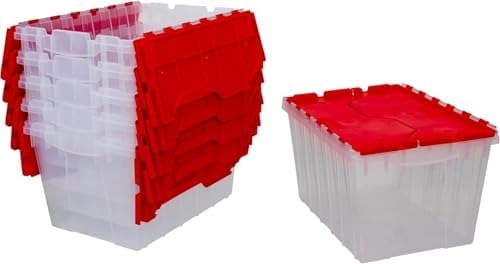 Akro-Mils KeepBox Storage Box, Lid Attached, Stackable, Clear/Red, 6pk by Akro-Mils