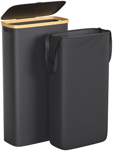 Foluck Slim Laundry Hamper, 60L Waterproof Narrow Laundry Basket with Lid and Removable Bag, Collapsible Tall Clothes Hamper with Bamboo Handles for Clothes Toys in Dorm Bedroom Bathroom, Black by Foluck