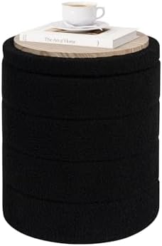 PINPLUS Compact Round Folding Storage Ottoman, Black Boucle Footstool by PINPLUS