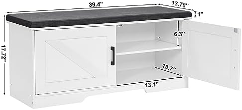 HOMSHO Farmhouse Shoe Storage Bench with 2 Barn Doors & Padded Seat Cushion - Image 3