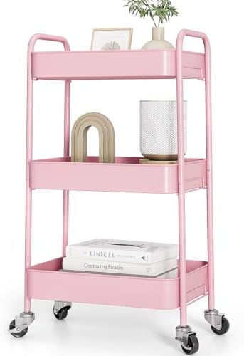 TOOLF 3 Tier Metal Rolling Cart, Utility Storage Cart with Wheels, Pink by TOOLF
