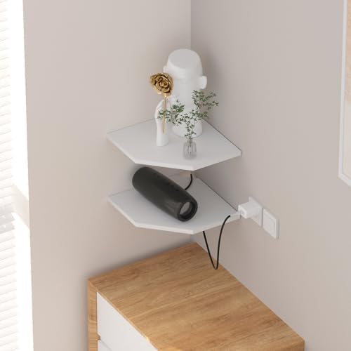 JJL Corner Shelf, 12 Inch Corner Shelf Wall Mounted with Wire Hole, 2 Tier 13.3 Inch Deep Wooden Corner Hanging Shelves for Wall Storage, for Speaker, Cable Box, White - Image 2