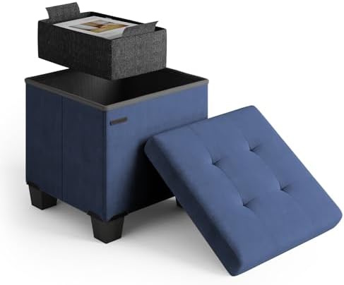 Storage Ottoman Cube with Small Bin, 15-in Square Ottoman with Storage for Living Room and Bedroom, Small Ottomans Foot Rest, Velvet Foot Stools Ottomans Max 330lbs, Blue by STORAGEBUD