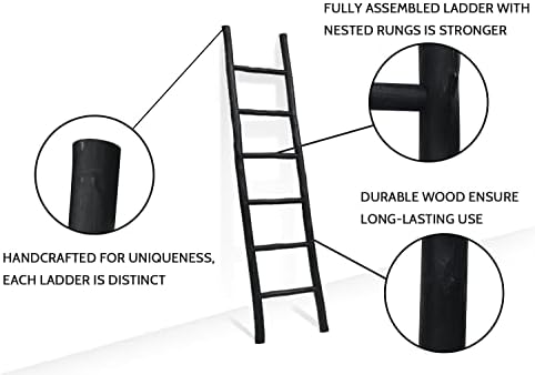 FUIN Blanket Ladder, 6ft Rustic Solid Wood Decorative Ladder, Black - Image 3