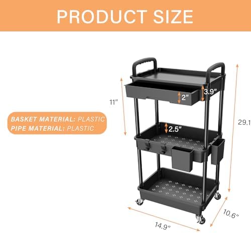 3 Tier Rolling Utility Cart with Drawer,REBECAT Utility Cart Made of Multifunctional Storage Organizer Tool for Kitchen,Bathroom,Living Room,Office(Black) - Image 5