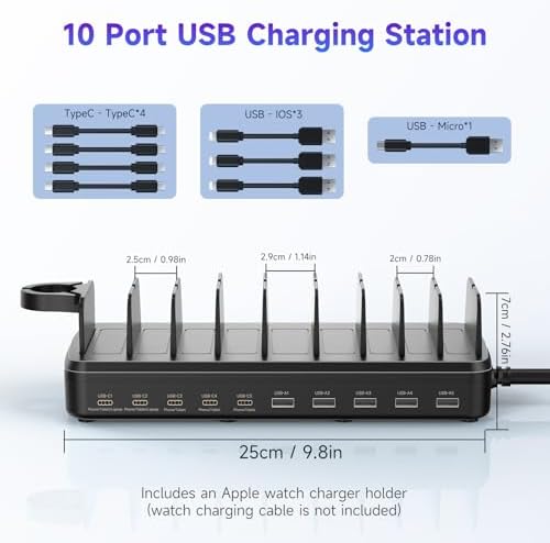 320W Charging Station for Multiple Devices, 10 Ports Fast Multi-Device Charger Organizer Compatible with MacBook Pro Laptop, iPhone, Android, Ipad, Tablet, Kindle, Multi-Device Charging Dock（Black） - Image 2