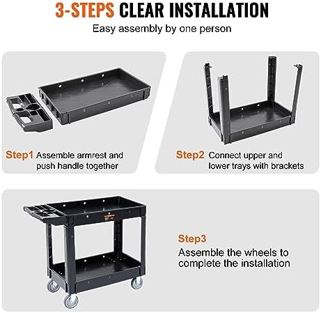 VEVOR Utility Service Cart, 2 Shelf 550LBS Heavy Duty Plastic Rolling Utility Cart, Medium Lipped Shelf, 360° Swivel Wheels, Ergonomic Storage Handle for Warehouse Garage, Black - Image 6