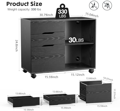 DUMOS File Cabinet with 3 Drawers, Wood Under Desk Storage Printer Stand - Image 3