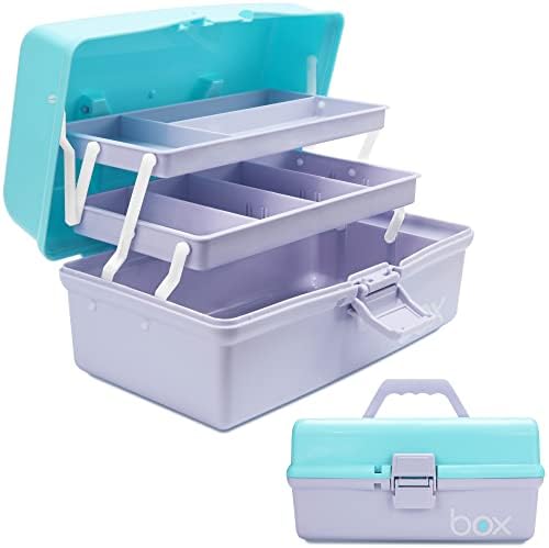 TERGOO 12in 3-Layer Plastic Craft Organizers and Storage, Portable Folding Tackle Box with Handle & Adjustable Dividers, Multipurpose Case for Sewing, Art Supplies, Medicine, Tools (Purple Blue) by Focusonefficientstorage