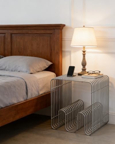 Double N Metal Side Table with Magazine Rack, Silver Nightstand and Modern End Table, Powder-Coated Iron with Stainless Steel-Inspired Look, Freestanding or Wall Mounted - Image 3