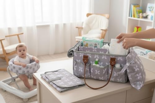 Moteph Diaper Caddy with Changing Mat, Large Baby Diaper Caddy Organizer with Lid, Portable Organizer Basket for Baby Essentials, Roll-Up Lid, Built-In Changing Mat Pocket - Image 4