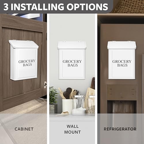 Calindiana Modern Farmhouse Metal Magnetic Grocery Bags Holder for Plastic Bags with LId and Kitchen Organizer and Storage Wall Mount Grocery Bag Dispenser Space Saving, White - Image 4