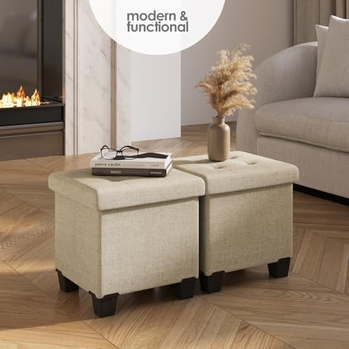 Storage Ottoman Cube with Small Bin, 15-in Square Ottoman with Storage for Living Room and Bedroom, Small Ottomans Foot Rest, Fabric Foot Stools Ottomans Max 330lbs, Beige - Image 2