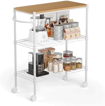 Whitmor 3 Tier Rolling Kitchen Cart,27.6"x10"x21.7”Heavy Duty Metal Storage Cart with Wheels, Adjustable Shelves, Lockable Utility Cart with Wood Top & Portable Handle for Indoor & Outdoor Use, White by Whitmor
