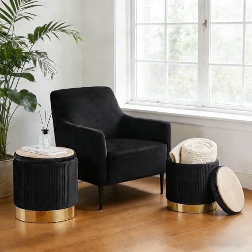 Round Ottoman with Storage Set of 2 Black Vanity Stool Foot Rest - Image 3
