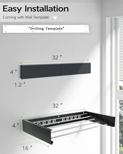 Vikaqi Wall Mounted Clothes Drying Rack 32", Foldable Wall Mount Laundry Rack Folding Indoor, Drying Rack Clothing Collapsible, Hidden Space Saver with Wall Template, 5 Rods, Black - Image 6