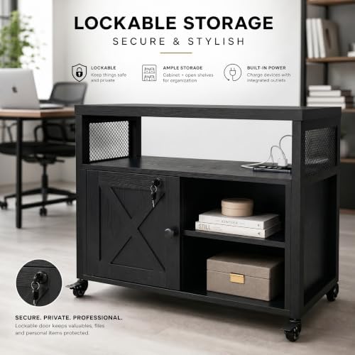 Mobile File Cabinet with Charging Station, Printer Stand, Black - Image 4