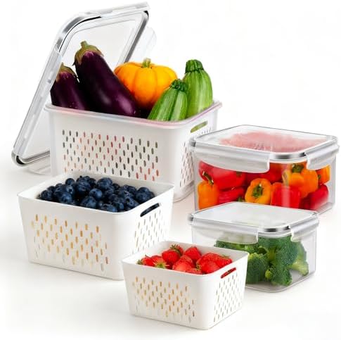 3 Pcs Fruit Containers for Fridge, Strawberry Storage Containers for Fridge, Food Storage Container with Airtight Lid, Removable Colander Basket for Rinsing and Draining, Keep Produce Fresh Longer by Unknown