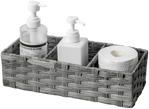 Toilet Tank Topper Paper Basket Multiuse Hand Woven Plastic Wicker Basket Bins with Divider for Shelves Rustic Farmhouse Bathroom Decor Countertop Organizer Storage by AMTOTAM