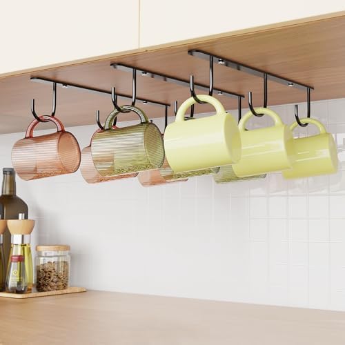 3 Pack Mug Hooks Under Cabinet with 9 Hooks for Displaying Mugs, Black by Luckinow