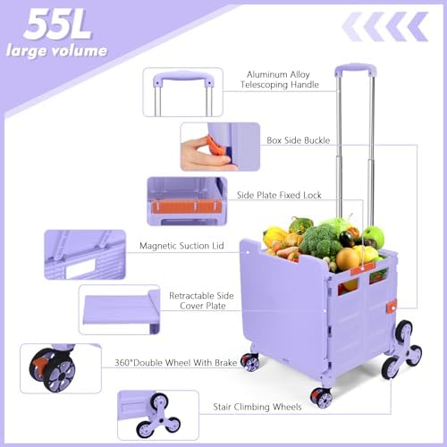 Foldable Utility Cart with Stair Climbing Wheels,Collapsible Rolling Crate with Magnetic Lid Telescopic Cover,Telescoping Handle,360° Rotate Wheel Hand Cart for teacher Shopping Moving Grocery(Purple) - Image 3