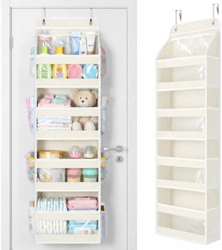 Yecaye 5 Tier Over the Door Organizer, Swing-proof Door Organizer Hanging with Clear PVC Windows, Behind the Door Storage for Bedroom Nursery Closet Laundry Pantry Bathroom, Cream White by Yecaye