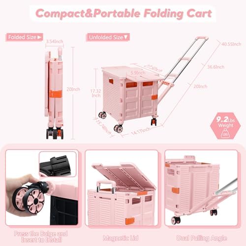 Foldable Utility Cart Rolling Crate Handcart Shopping Cart with Rotate Wheels Extended Magnetic Lid Telescoping Handle Adjustable Angle for Transports Groceries Office Teacher File(Pink) - Image 4