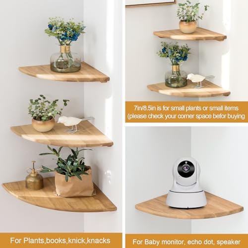 Corner Shelves, Floating Corner Shelf, Set of 2 7inch Solid Oak Wood Wall Shelves, Round End Wall Mount with Wire Hole Shelving for Small Plant for Bedroom Kitchen, Living Room - Image 4