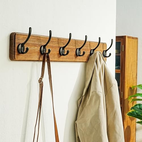 Dseap Wall Mounted Coat Rack: 24" Long, Patented, Heavy-Duty, 6-Double-Hooks Wooden Hanger Rail for Winter Coats, Hat, Jacket, Clothing - Natural & Black, Pack of 2 - Image 4