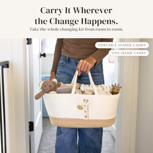 Baby Diaper Caddy Organizer - Giraffe Safari Nursery Storage Rope Basket - Image 5